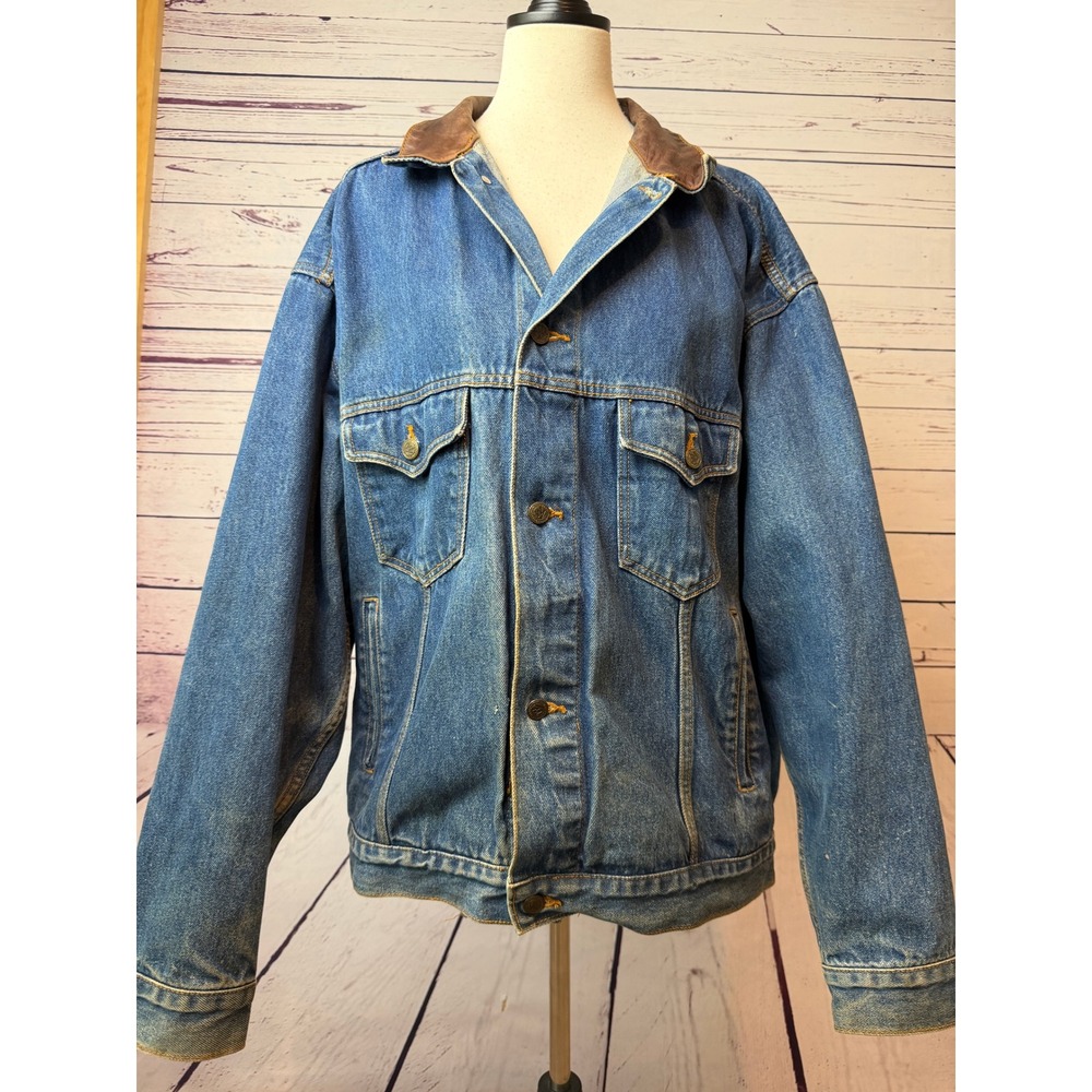 Marlboro Country Store Denim Jacket XL Flannel Lined Leather Collar Extra Large